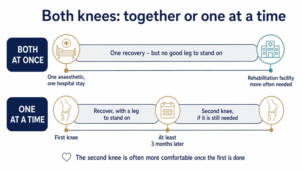 Two timelines compared. Both knees at once: one anaesthetic and one hospital stay, then a single recovery with no good leg to stand on, with a rehabilitation facility more often needed. One at a time: the first knee, then a recovery with a leg to stand on, then at least three months later the second knee if it is still needed.
