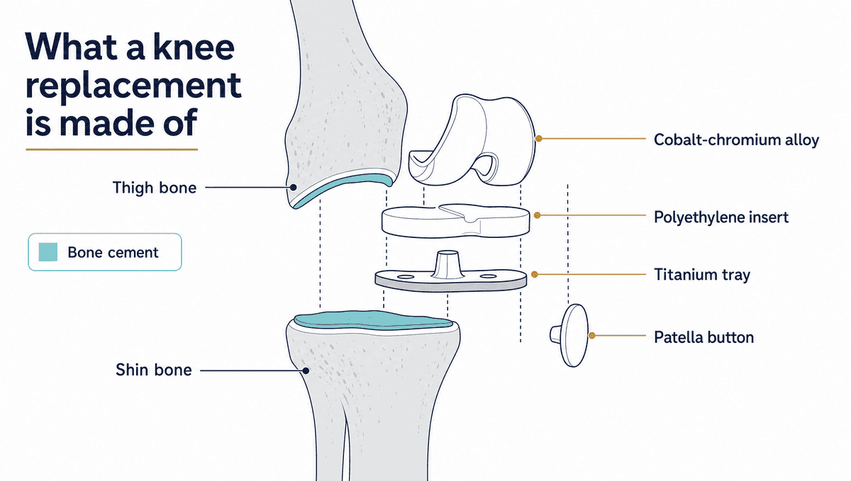 An exploded side view of a total knee replacement: the cobalt-chromium femoral component capping the end of the thigh bone, a polyethylene insert beneath it, a titanium tray on the shin bone, a polyethylene patella button to the side, and a layer of bone cement on each cut bone surface.