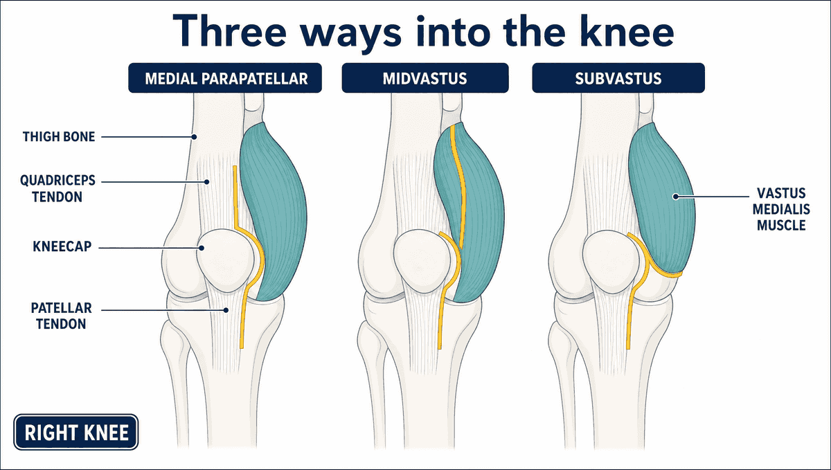 Three schematic right knees seen from the front, labelled medial parapatellar, midvastus and subvastus. The medial parapatellar line cuts down through the quadriceps tendon; the midvastus line passes through the vastus medialis muscle instead; the subvastus line curves along underneath the lower border of that muscle, cutting neither. All three then take the same route around the inner border of the kneecap, which is never crossed.