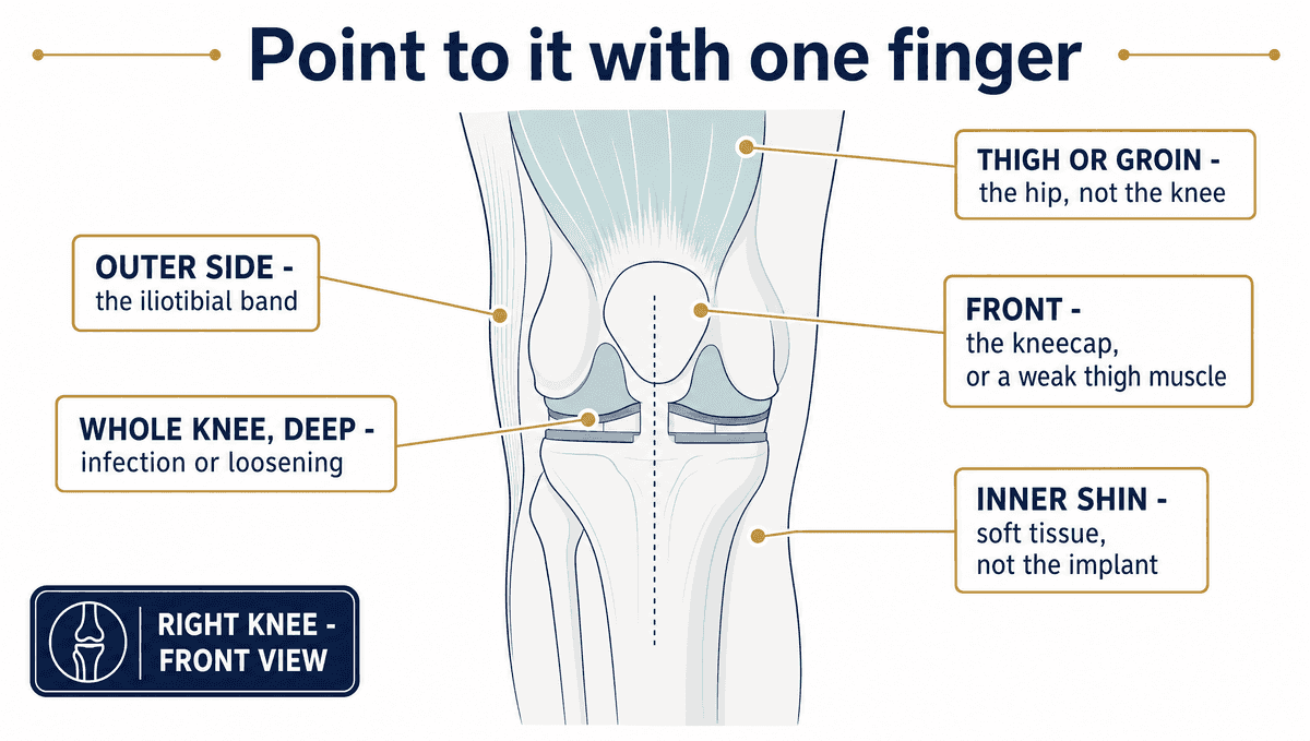 A right knee seen from the front with five labelled pointers: the front of the knee suggests the kneecap or a weak thigh muscle; the inner shin suggests soft tissue rather than the implant; the outer side suggests the iliotibial band; deep pain across the whole knee raises infection or loosening; and pain in the thigh or groin points to the hip rather than the knee.