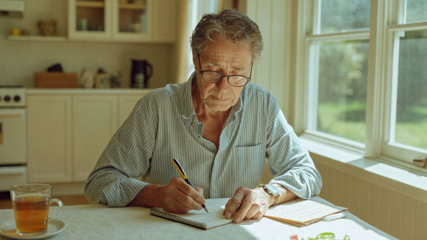 A man in his late sixties sitting at a kitchen table in the morning sun, writing a list in a notebook with a cup of tea beside him.