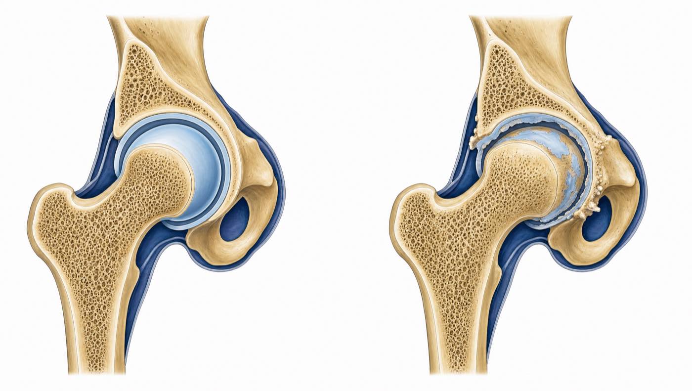 Two hip joints side by side in cross section: on the left the round head of the thigh bone sits in the pelvic socket with a thick, smooth layer of cartilage between them; on the right that layer has worn thin and patchy, the gap has narrowed, and small bony spurs have formed at the rim.