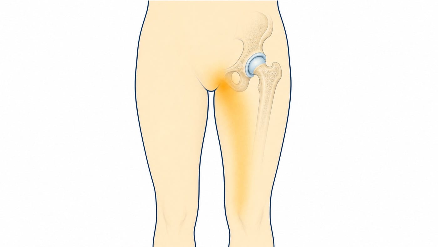 Diagram of the lower body from the front, with the hip joint drawn inside: a warm glow marks the crease of the groin over the joint and fades down the front of the thigh, while the outer side of the hip is left unmarked.