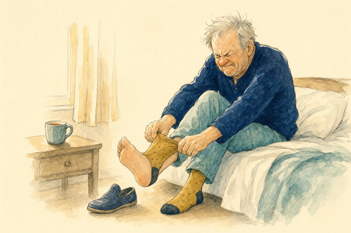 Illustration of a man in his late sixties sitting on the edge of the bed, wincing as he leans down to pull on a sock, his shoes on the floor beside him.