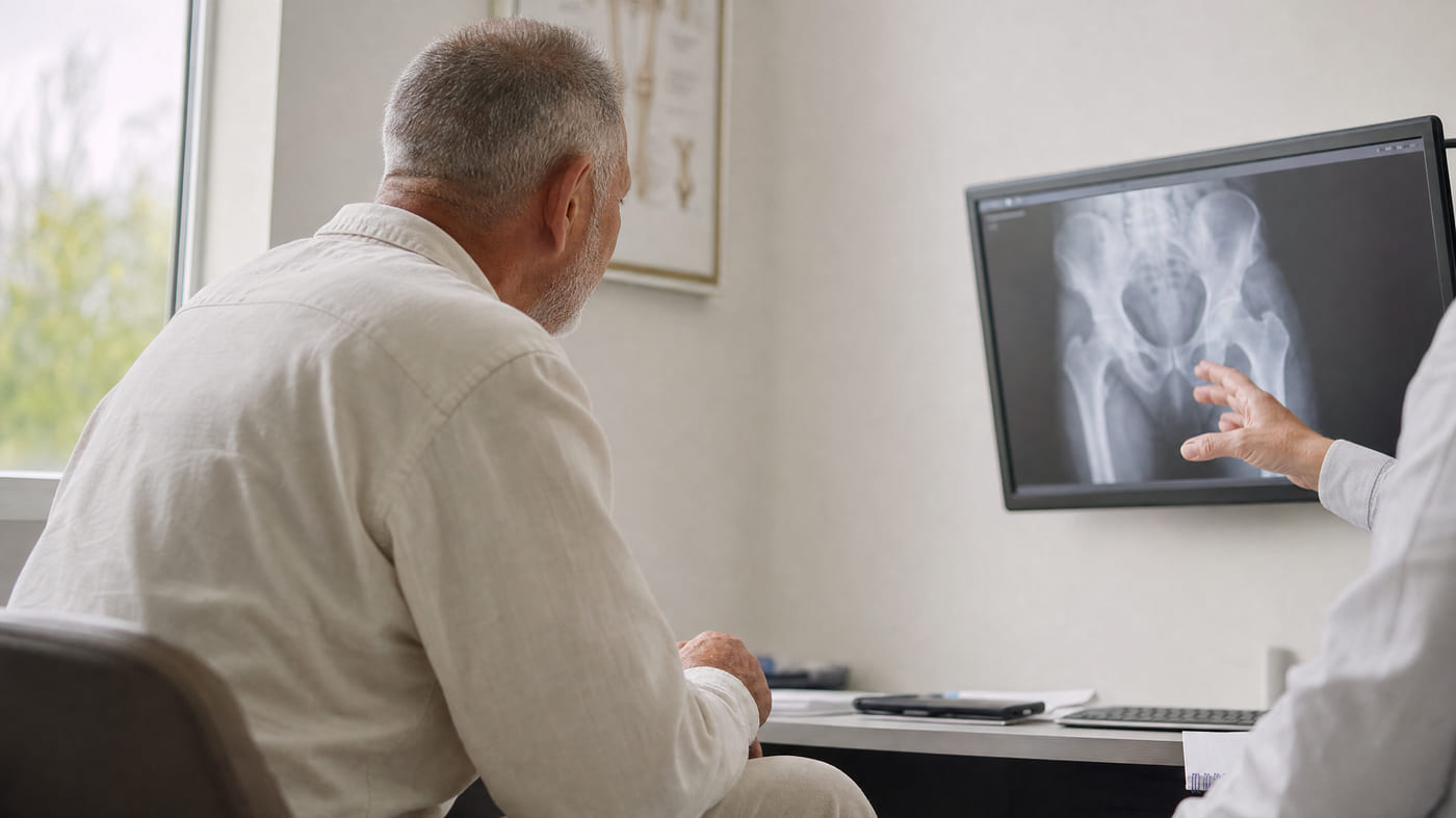 A man in his late sixties, seen from behind, sitting in a consultation room while a clinician's hand gestures towards a hip X-ray on a wall-mounted screen.
