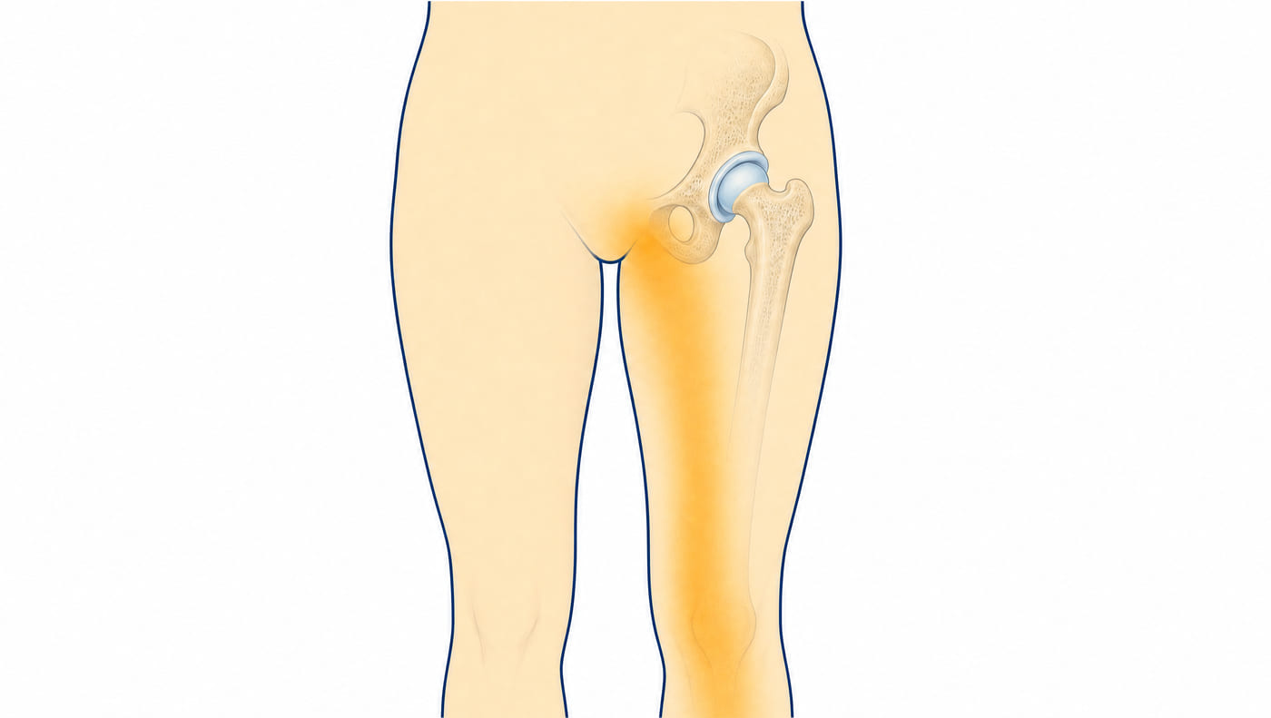 Diagram of the lower body from the front with the hip joint drawn inside: a warm glow marks the crease of the groin over the joint and runs down the front of the thigh, continuing all the way to the knee, while the outer side of the hip is left unmarked.