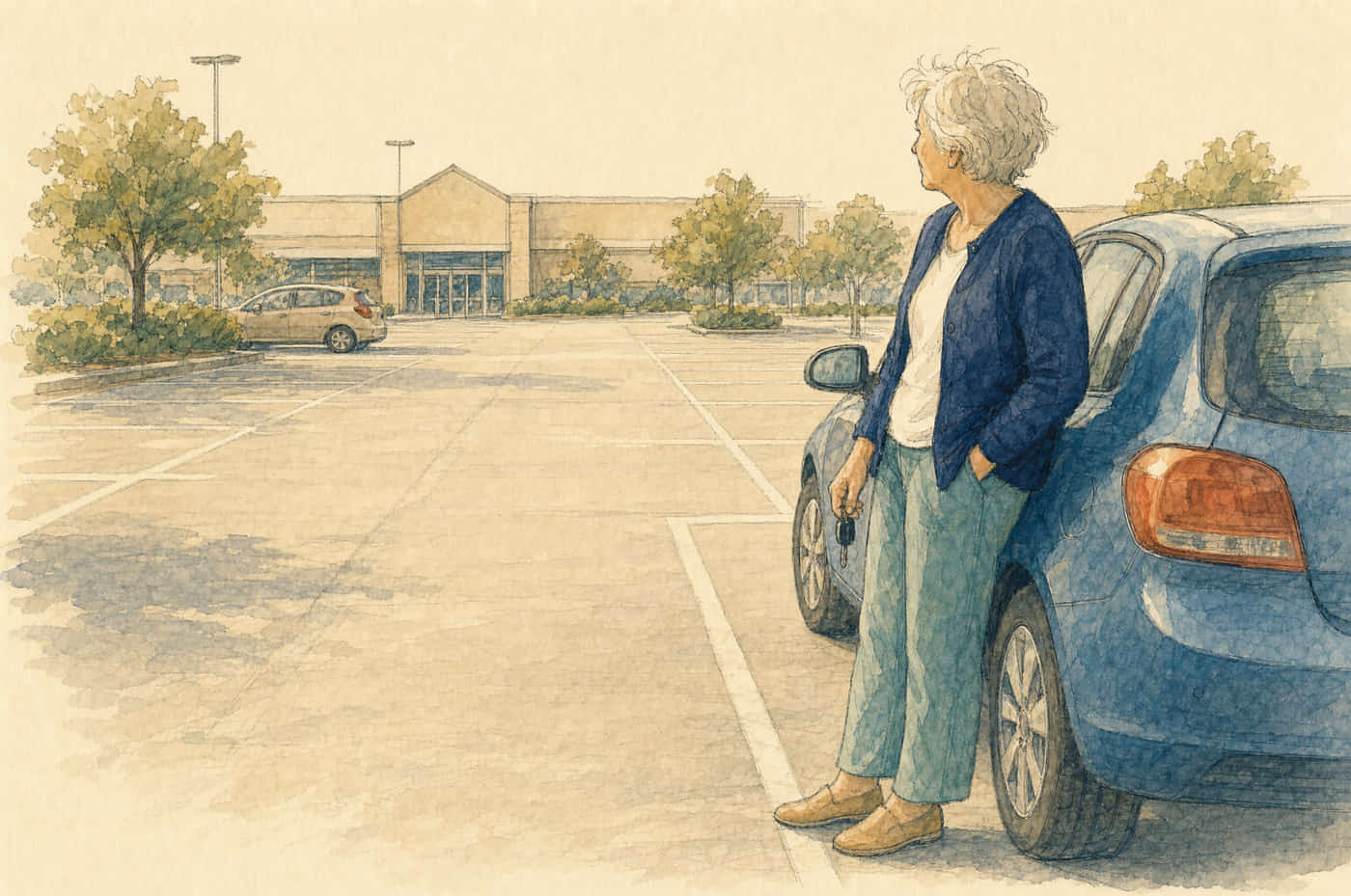 Illustration of a woman in her late sixties standing beside her car in a shopping centre car park, keys in hand, looking across a long stretch of empty bays towards the distant entrance and weighing up the walk.