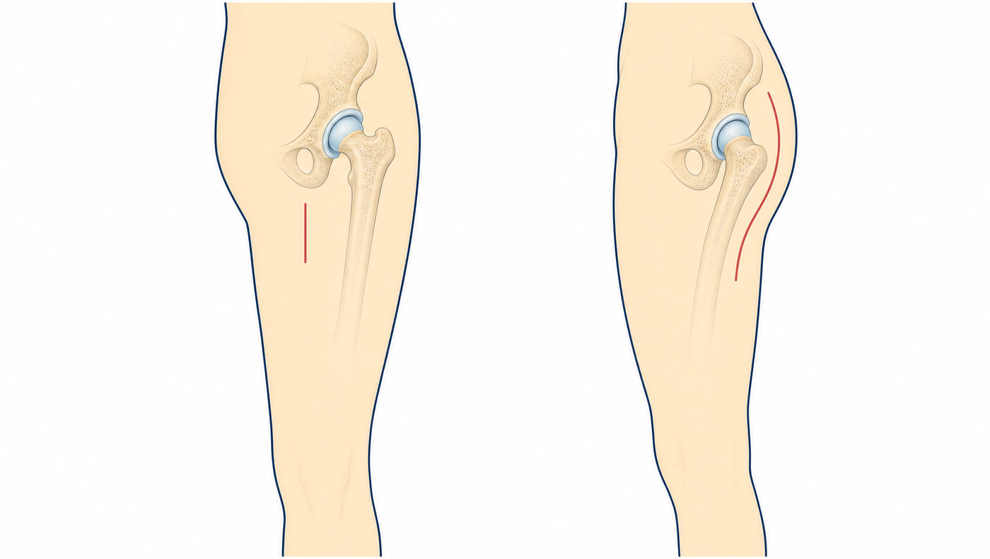 Two diagrams of a hip and upper leg side by side: on the left, viewed from the front, a short straight incision line at the front of the thigh; on the right, viewed from the side, a longer curved incision line at the side of the hip curving back towards the buttock.