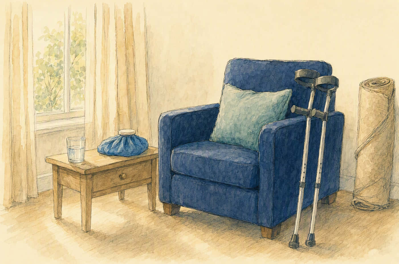 Illustration of a living room arranged for recovery: a firm armchair with sturdy arms and a cushion, elbow crutches leaning against it, an ice pack and a glass of water on a side table, and the rug rolled up and set aside against the wall.