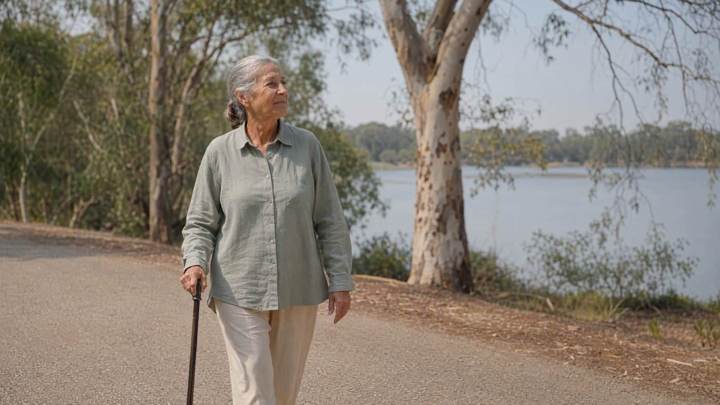 A woman in her late sixties walking upright and mid-stride along a river path, using a single walking stick, with gum trees and calm water behind her.