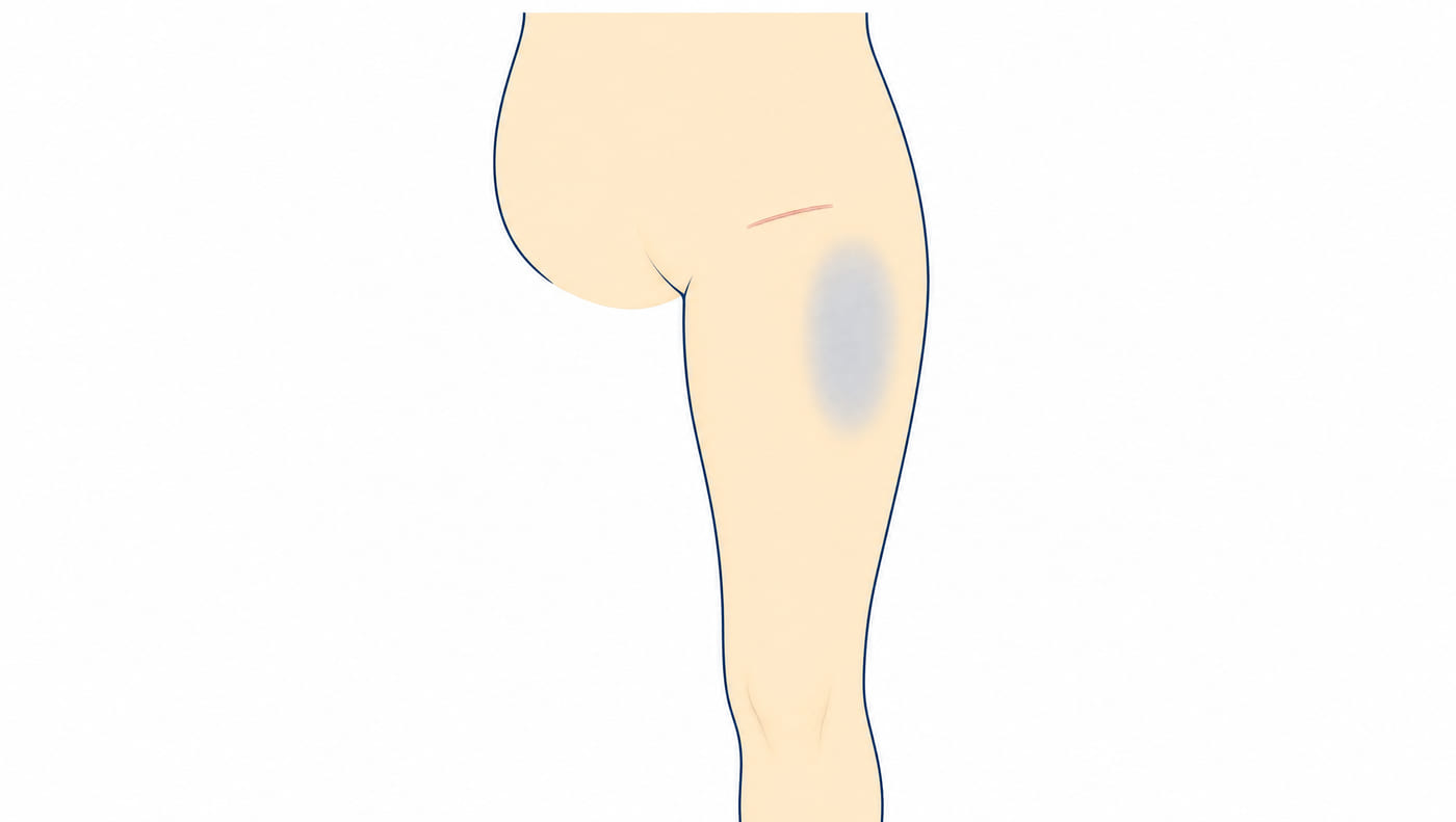 Diagram of the upper leg from the front: a short healed incision line at the front of the thigh near the hip, with an oval patch below and to the outer side of it shaded softly to show the area of altered sensation.