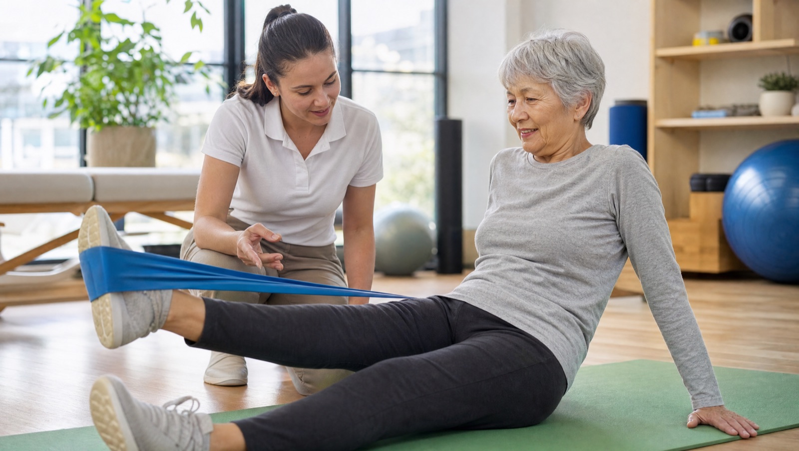 A physiotherapist crouching beside an older woman, guiding her through a leg strengthening exercise with a resistance band.