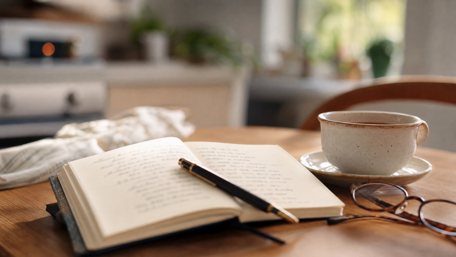 An open notebook with a handwritten list on a kitchen table, a pen resting across it, beside reading glasses and a cup of tea.