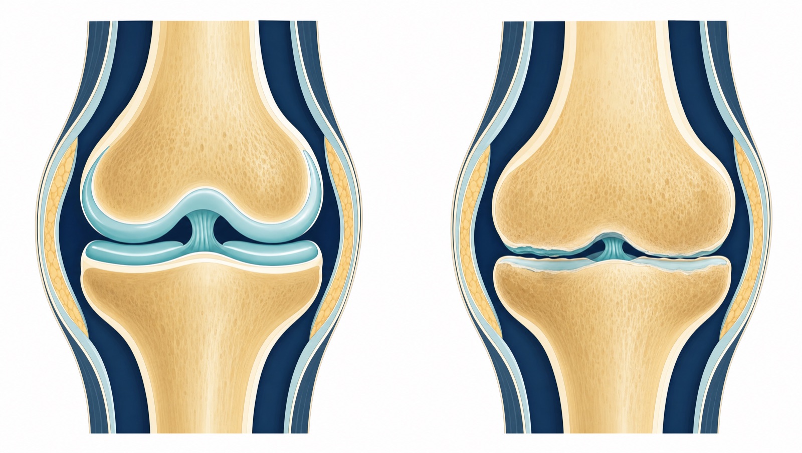 Two knee joints side by side in cross section: on the left a thick, smooth layer of cartilage cushions the gap between the thigh bone and shin bone; on the right that layer has worn thin and the bones sit close together.