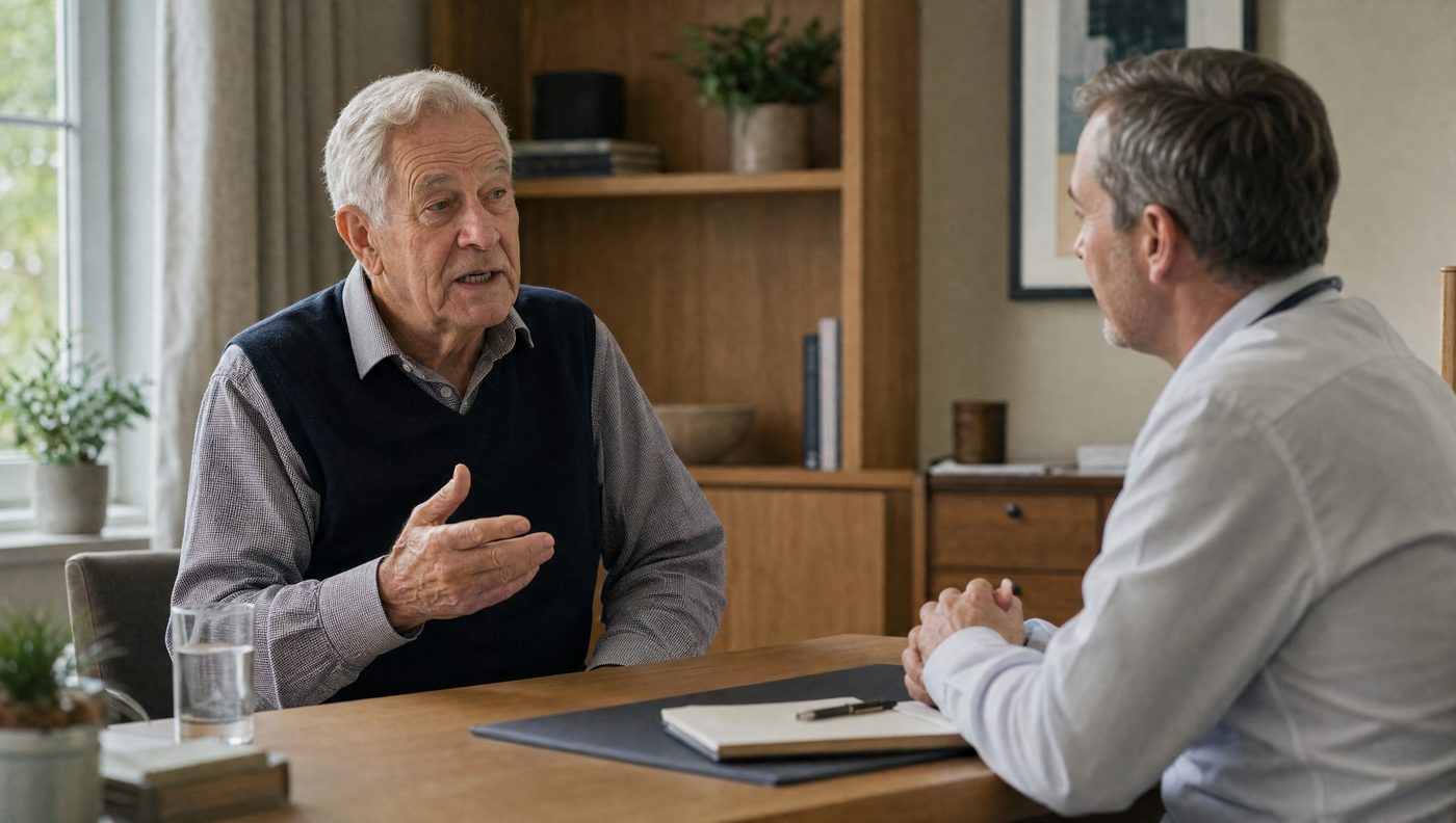 A man in his seventies in discussion with his doctor across a consulting room desk.