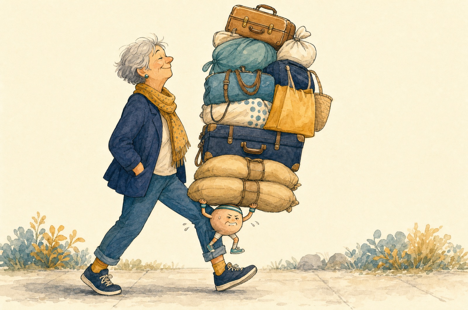 Cartoon of a woman striding along a path while her knee, drawn as a small character, braces under an enormous stack of suitcases and bags.