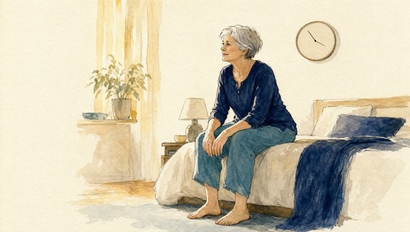 An illustration of a woman sitting on the edge of her bed in the morning, hands on her knees, before standing.