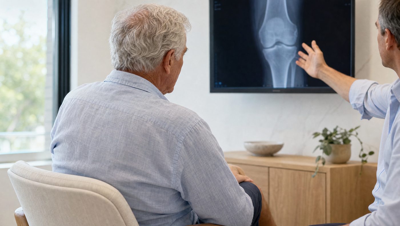 A man in his sixties and his doctor looking together at a knee X-ray on a consulting room monitor.