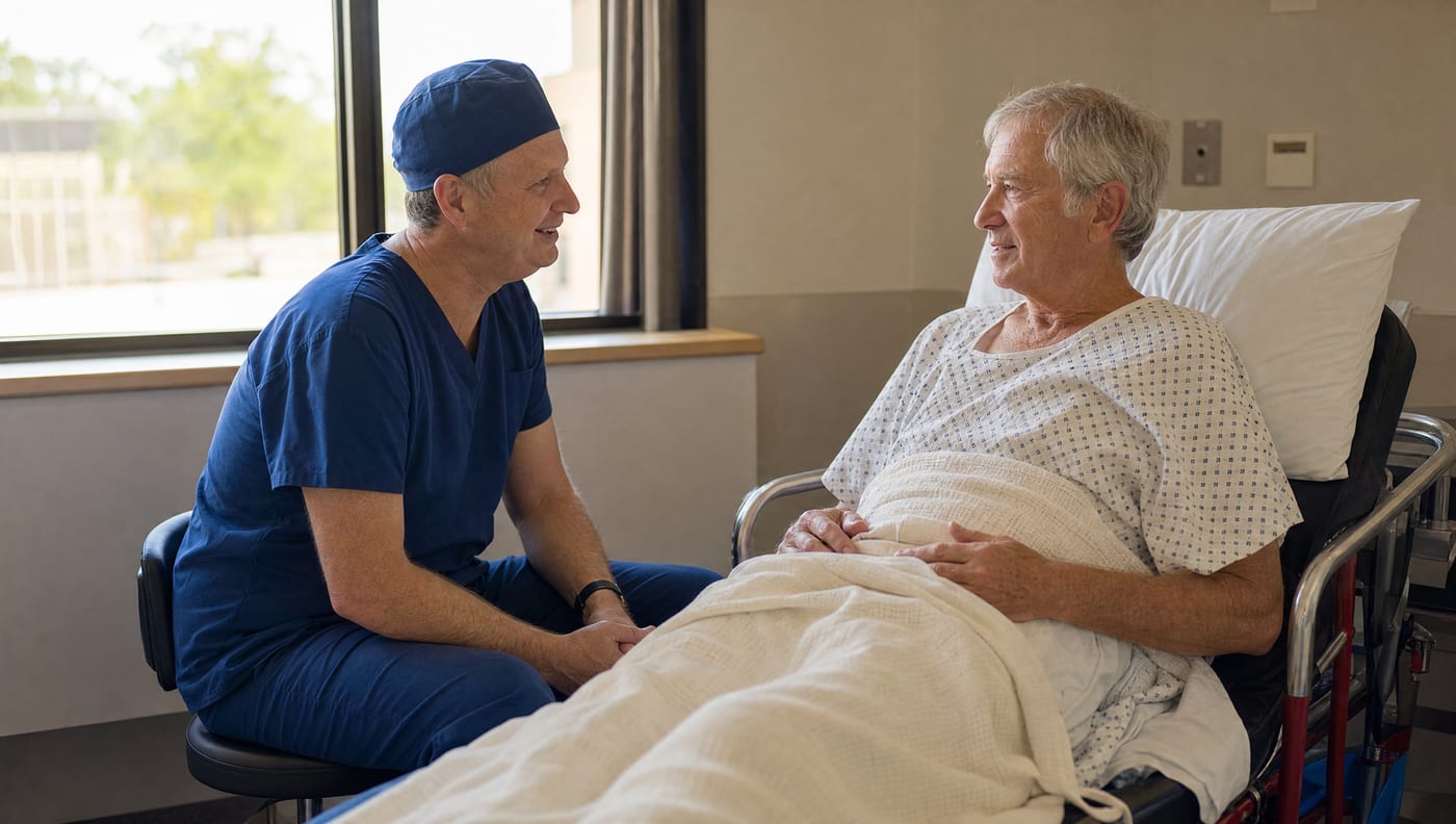 An anaesthetist sitting beside an older man on a hospital trolley before surgery, the two of them talking.