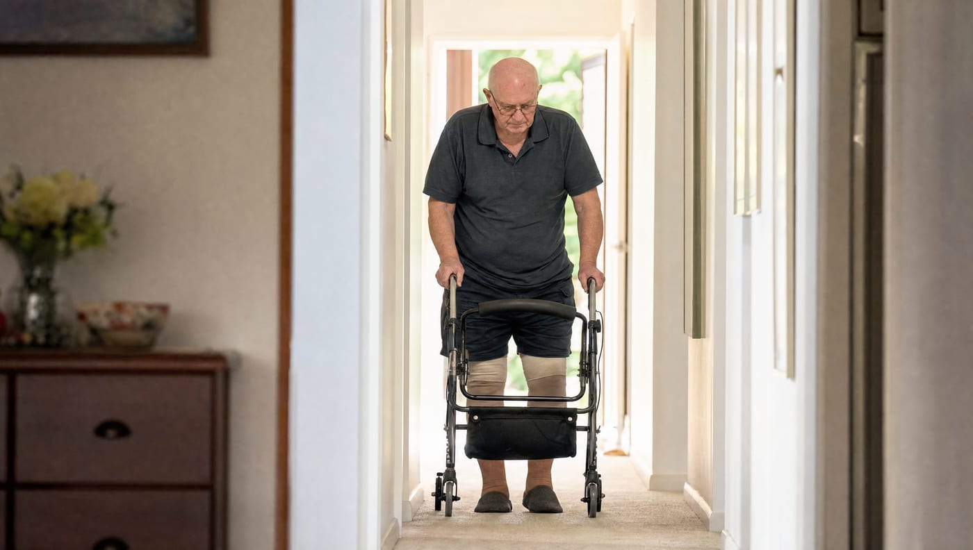 A man in his seventies using a wheeled walking frame along the hallway of an ordinary home, with dressings on both knees.