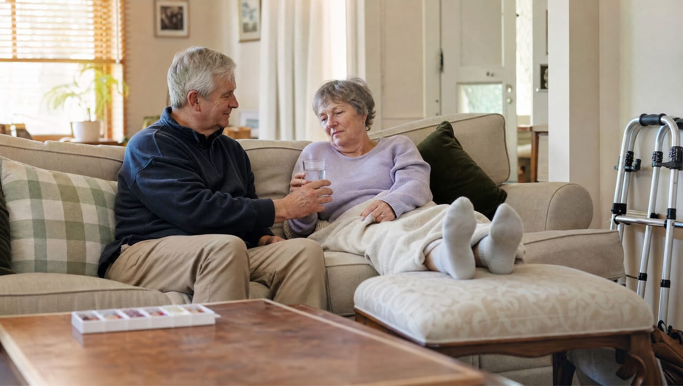A man in his sixties handing his wife a glass of water as she rests on a sofa with her legs raised on a footstool, a folded walking frame and a weekly medication organiser nearby.