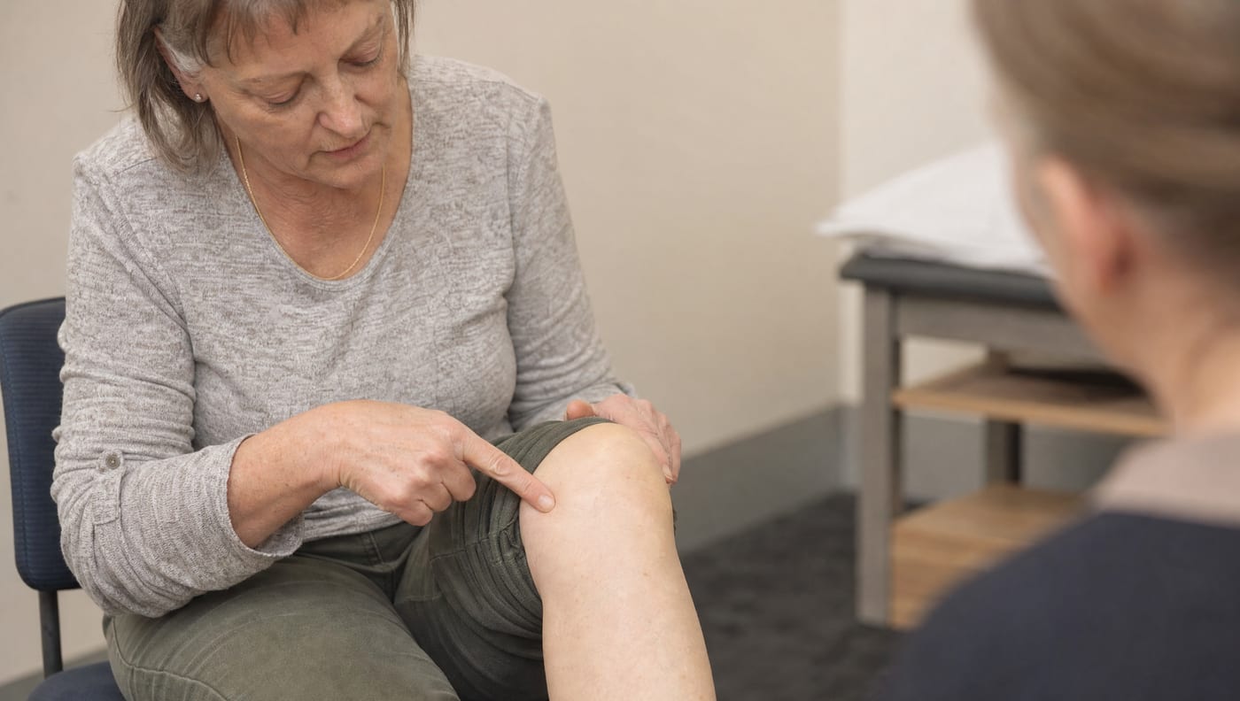 A woman in her sixties pointing with one finger to a specific spot on her knee while a clinician listens.