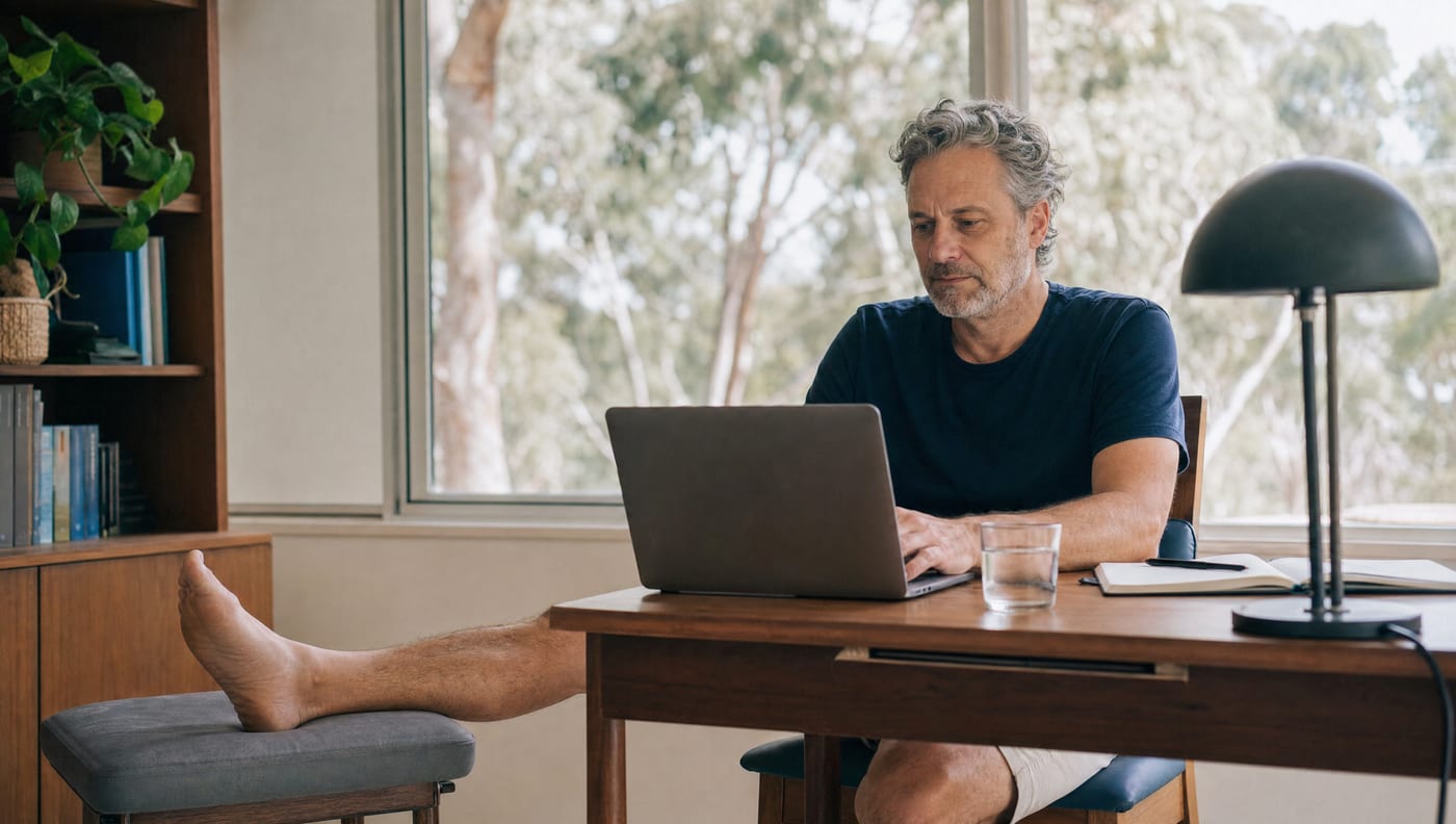 A man in his fifties at a home desk with a laptop, his right leg raised on a padded footstool beside the desk, a glass of water and a notebook on the table.