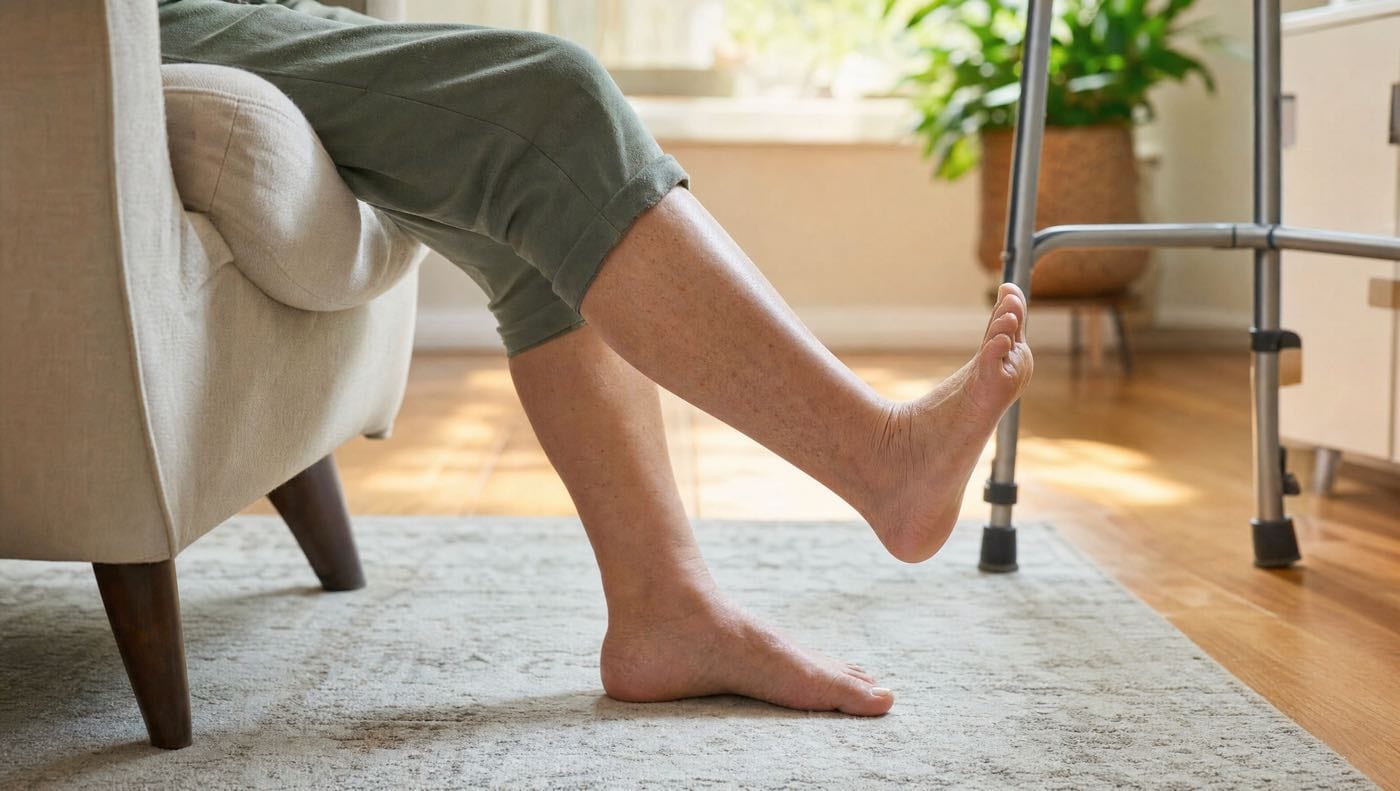 A person seated in an armchair flexing the foot upwards to do ankle pumps, a walking frame standing nearby