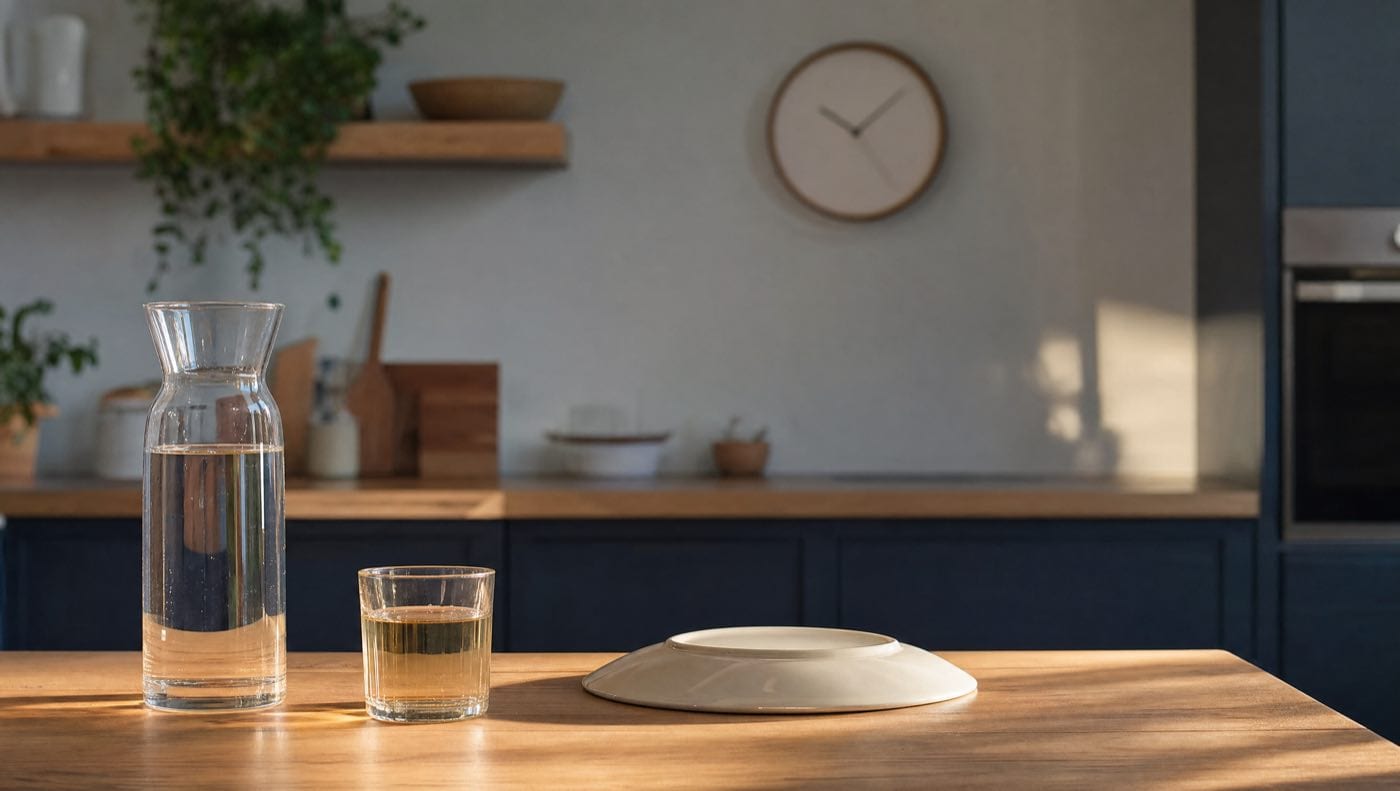 A jug of water, a glass of clear apple juice and an upturned plate on a kitchen bench the day before surgery