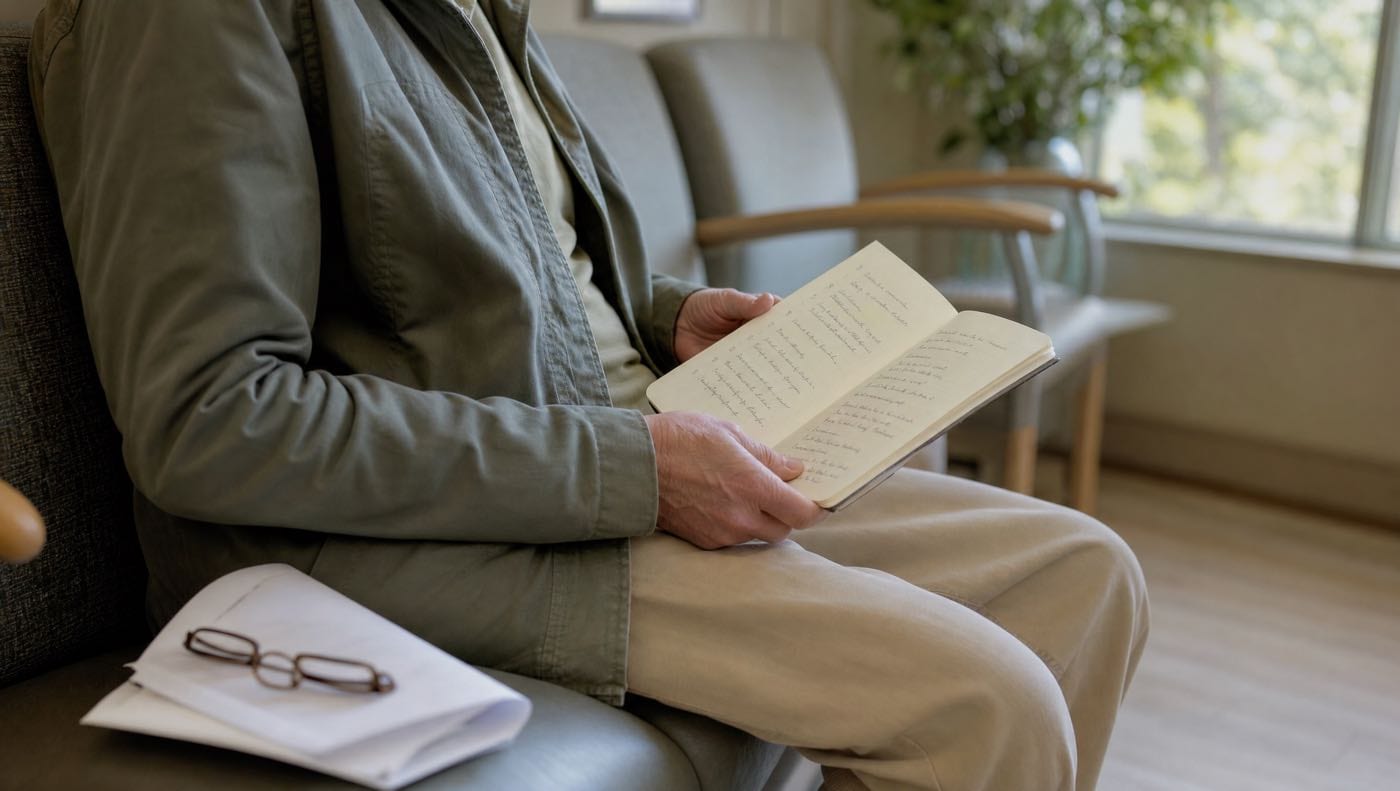 A patient waiting in a clinic holding an open notebook of handwritten questions, reading glasses and a referral letter beside them