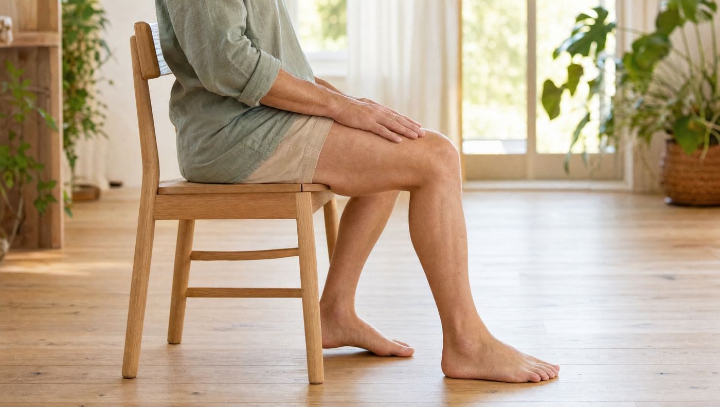 A person seated on a dining chair at home drawing one heel back along the floor to bend the operated knee