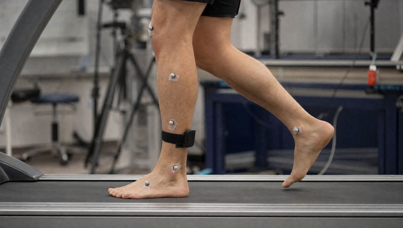 An adult's lower leg and foot on a treadmill in a movement analysis laboratory, with reflective motion-capture markers on the shin, knee and ankle