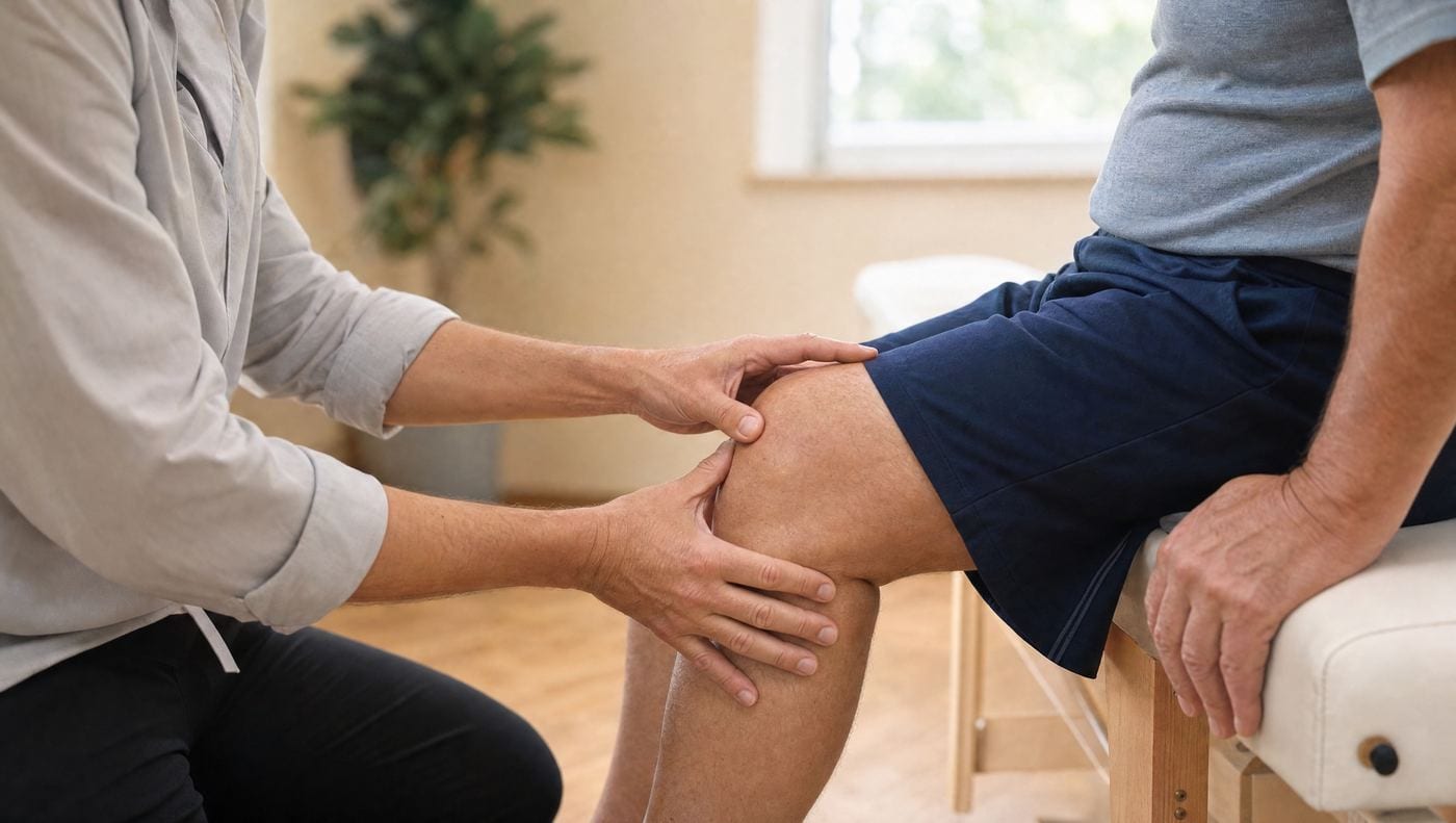 A clinician examining a seated patient's knee in a consulting room