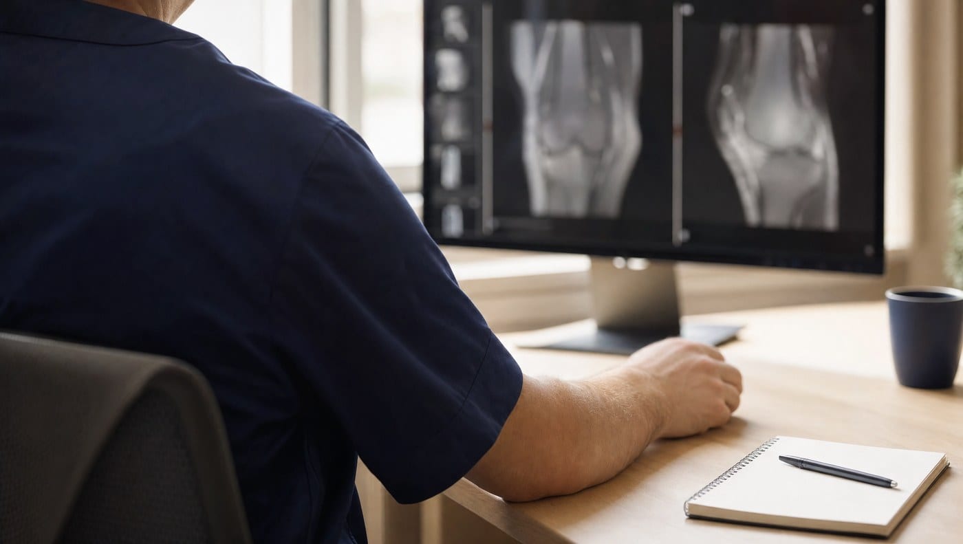 A surgeon at a desk reviewing knee imaging on a monitor in a consulting room