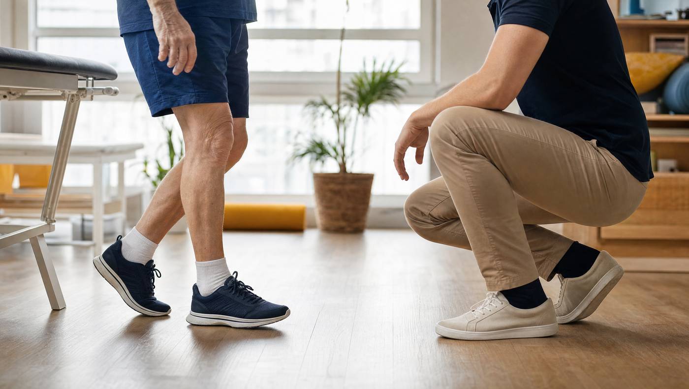 A physiotherapist watching an older adult take a few steps during a walking assessment in a clinic