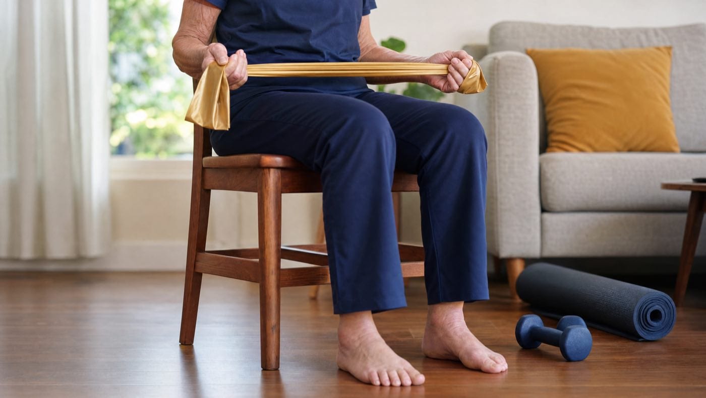 An older adult seated at home holding a resistance band stretched between both hands, with light dumbbells and a mat nearby