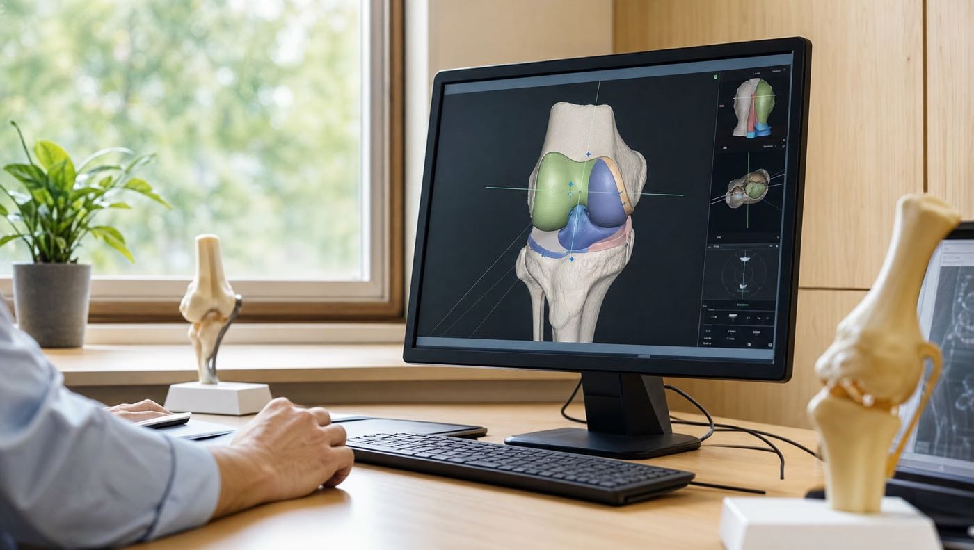 A surgical planning screen showing a three-dimensional plan of a knee joint with alignment measurements